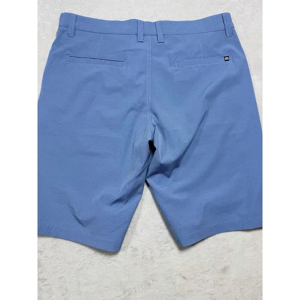 Travis Mathew Flex Shorts Mens 34 Blue Heather Golf Flat Front Athletic Logo